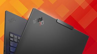 Image of the Lenovo ThinkPad X1 Carbon Aura Edition (Gen 13) on a red and orange background.